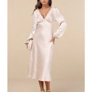 Lulu's Ivory Satin Lace-Trim V-Neck Midi Dress